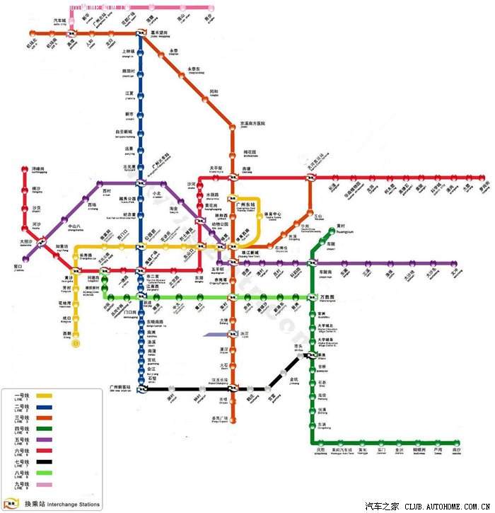 未来广州的地铁网线路图,共9条线