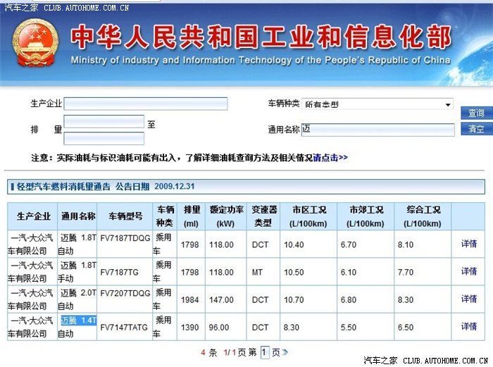 【图】1.4T迈腾已经出现在工信部油耗地址上了