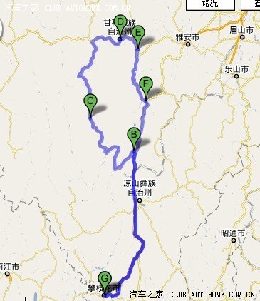     自驾行驶路线图 出发地:攀枝花市 b:冕宁县 c:九龙县图片