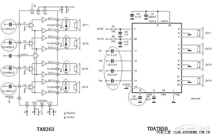tda7850实用电路图,tda7850电路图 原机功放是ta8263, 再查看其输入输出电路, 与tda7850的电路比较如下