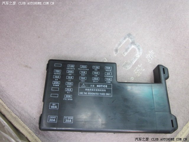 保险盒外壳示意图(第三行,第二位就是前雾灯保险,15a)