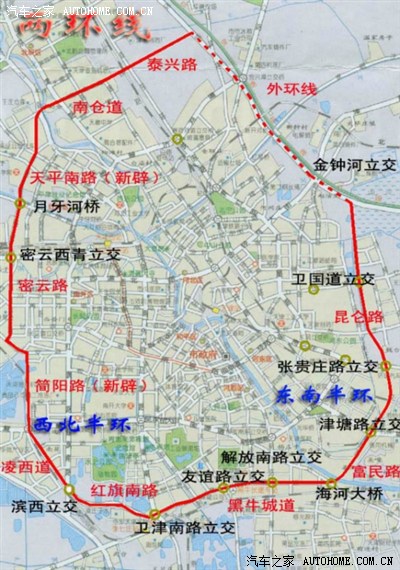 跨海河大桥后,沿富民路向东经规划路,昆仑路跨卫国道,到外环线四号桥