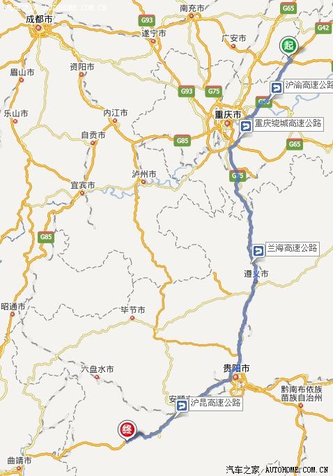 行车路线:重庆垫江县→重庆市(g50沪渝速)→遵义市→贵阳市(g75兰海速