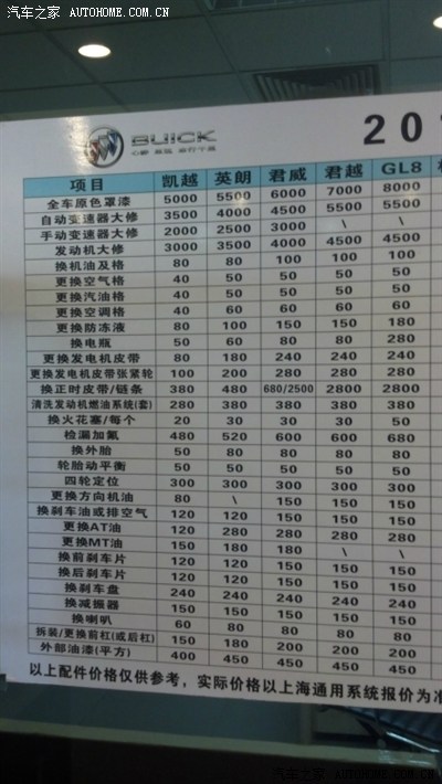 拍了2张别克4S店保养价格表,供车友参考