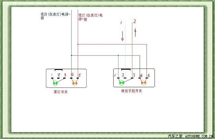 新装的海拉射灯和接雾灯开关接线图