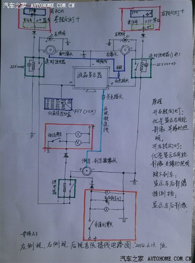 安装左右侧视影像摄像头,开转向刹倒车均显示图像,附电路图讲解
